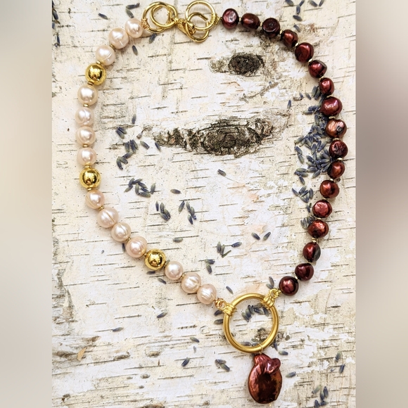 Natural Copper Iron Red Pearl And Peach Pearls In Assymetrical Necklace - Picture 6 of 9